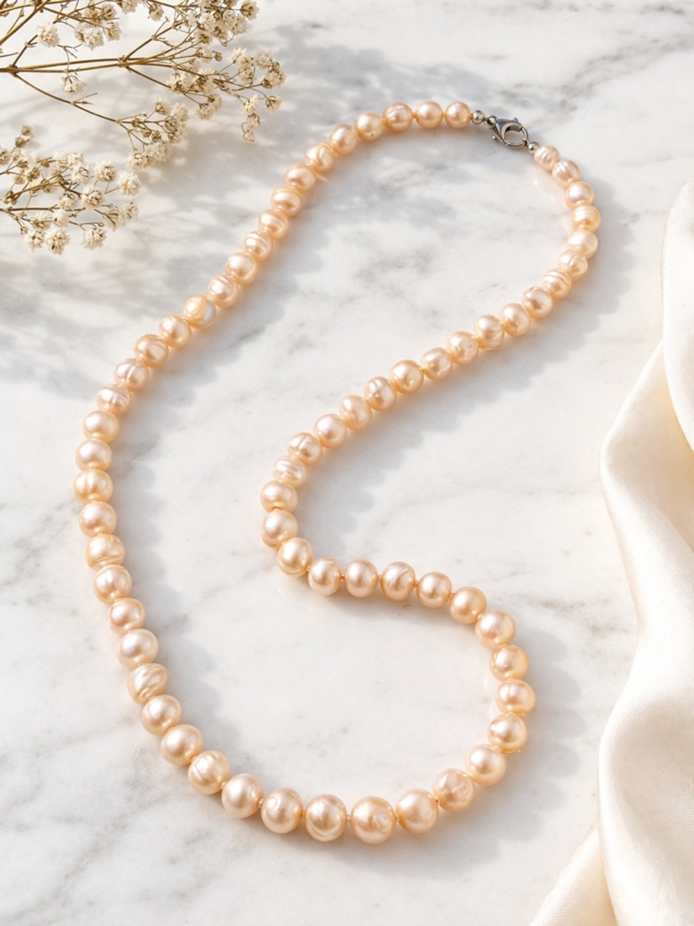 Genuine Peach Freshwater Pearl Strand Necklace 925 Sterling Silver Clasp Bridal